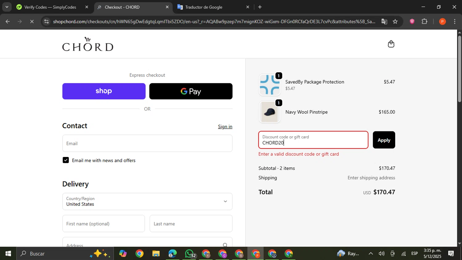 CHORD discount code screenshot showing code CHORD20 applied at CHORD checkout page. Uploaded by SimplyCodes community member VictoriousCaptain2658 on Dec 5, 2025