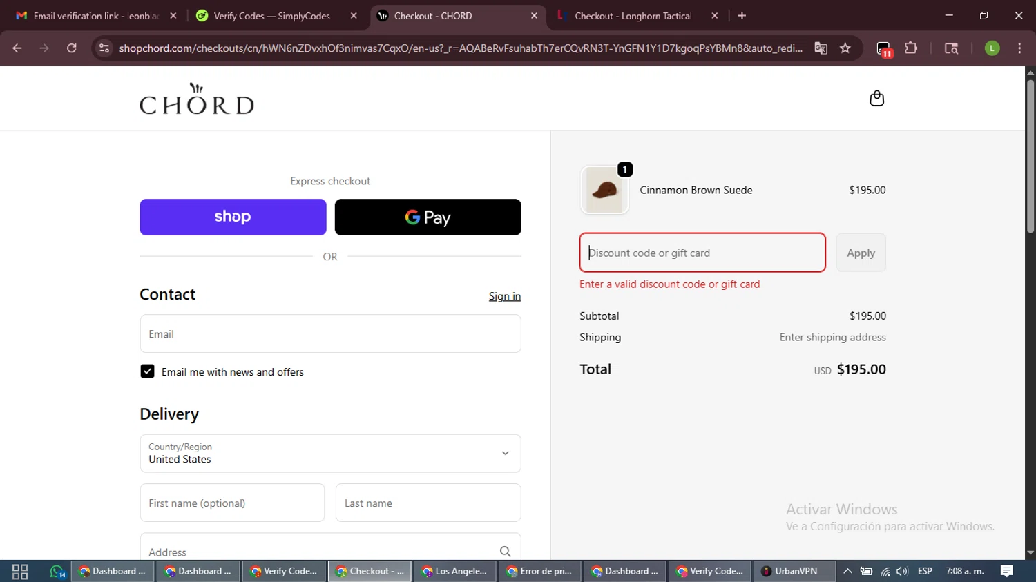 CHORD discount code screenshot showing code chord25 applied at CHORD checkout page. Uploaded by SimplyCodes community member CleverFalcon7682 on Dec 24, 2025