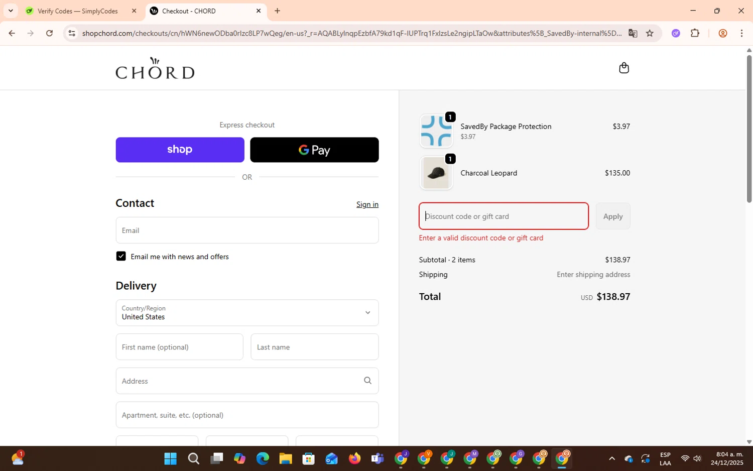 CHORD discount code screenshot showing code chord25 applied at CHORD checkout page. Uploaded by SimplyCodes community member GoldHunter9818 on Dec 24, 2025