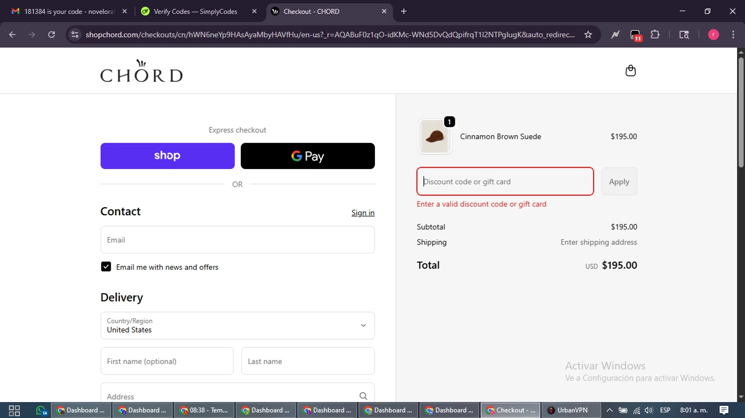CHORD discount code screenshot showing code chord25 applied at CHORD checkout page. Uploaded by SimplyCodes community member WisePro3739 on Dec 24, 2025