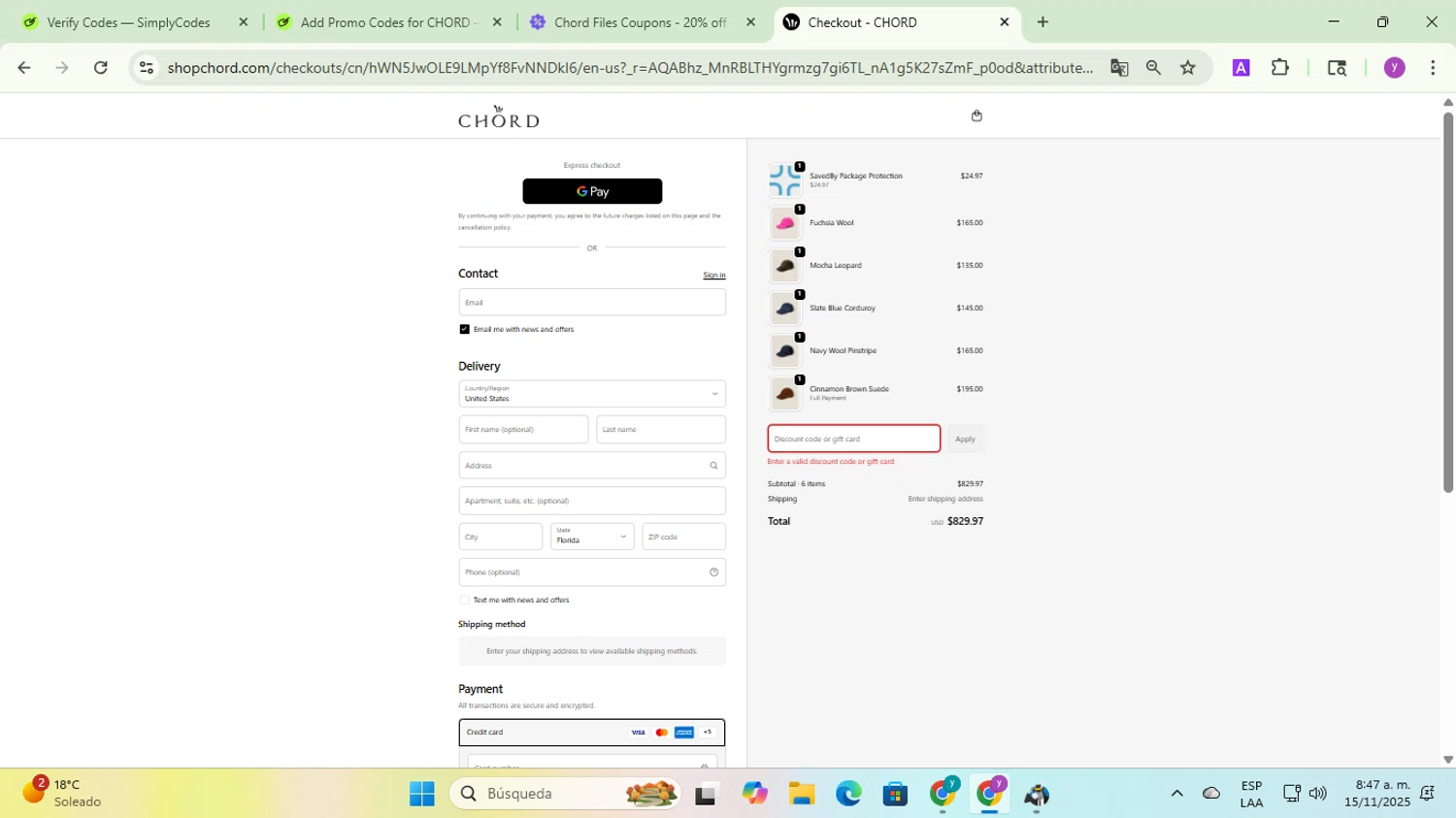 CHORD discount code screenshot showing code BFR10 applied at CHORD checkout page. Uploaded by SimplyCodes community member yadicg054 on Nov 15, 2025