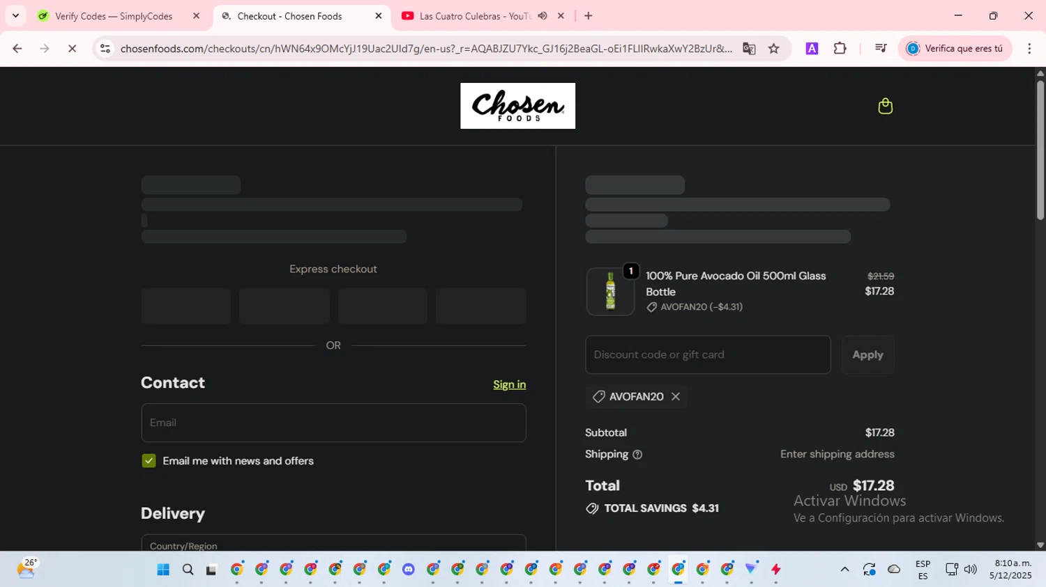 Chosen Foods coupon code screenshot showing code AVOFAN20 applied at Chosen Foods checkout page. Uploaded by SimplyCodes community member saltediosteve on Dec 5, 2025