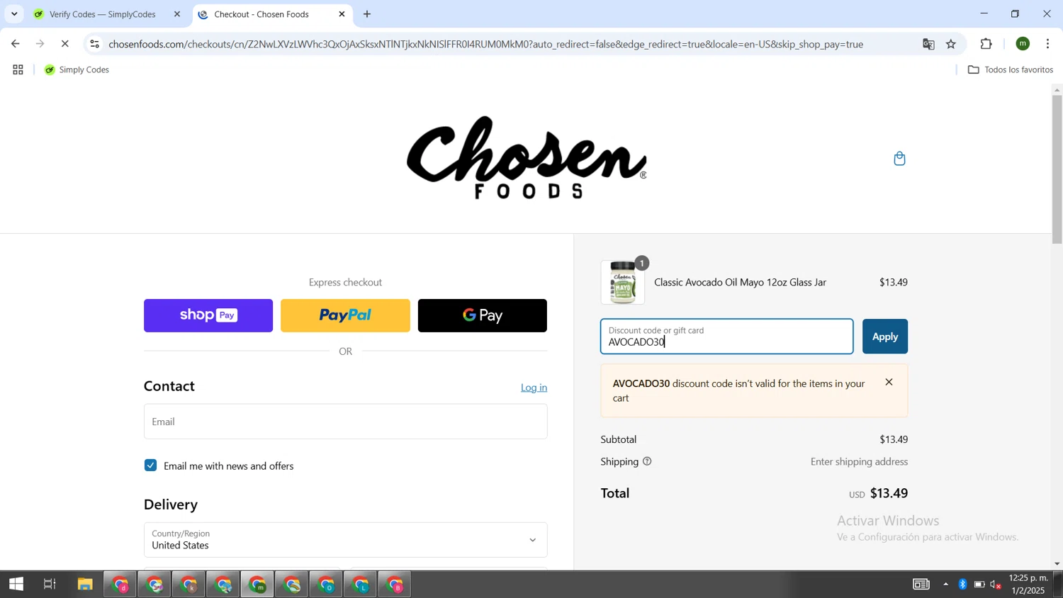 Chosen Foods coupon code screenshot showing code AVOCADO30 applied at Chosen Foods checkout page. Uploaded by SimplyCodes community member VoucherCollector9196 on Feb 1, 2025