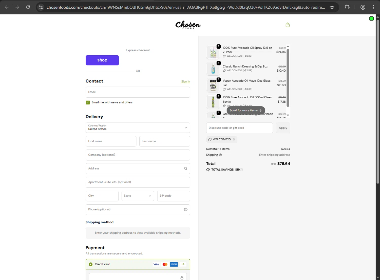 Chosen Foods coupon code screenshot showing code WELCOME20 applied at Chosen Foods checkout page. Uploaded by SimplyCodes community member verify_codes on Nov 30, 2025
