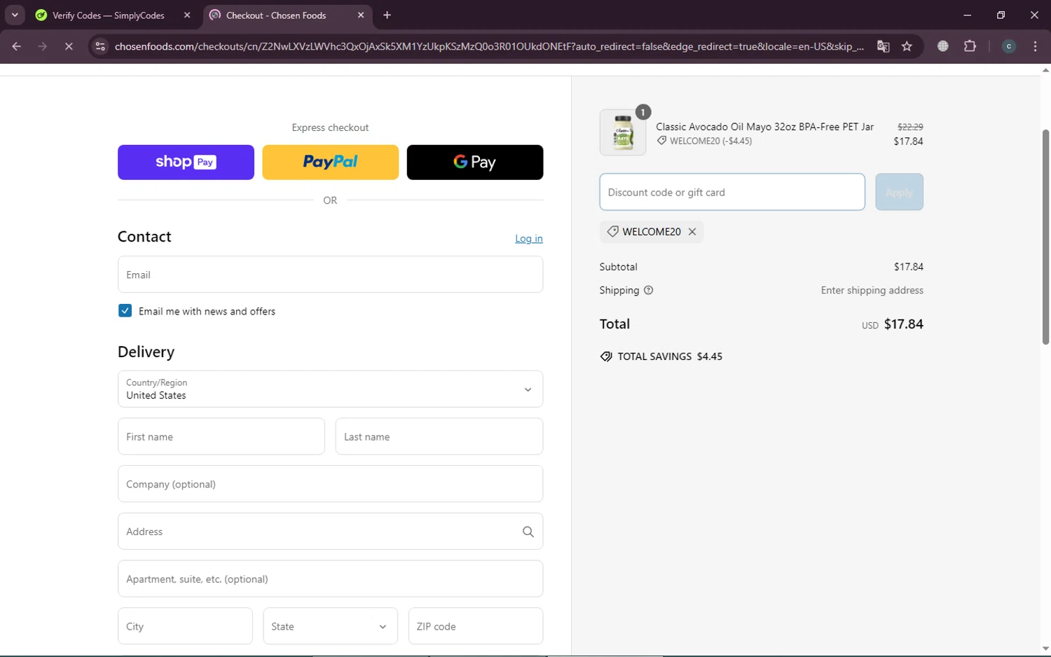 Chosen Foods coupon code screenshot showing code WELCOME20 applied at Chosen Foods checkout page. Uploaded by SimplyCodes community member TokenTiger248 on Mar 9, 2025