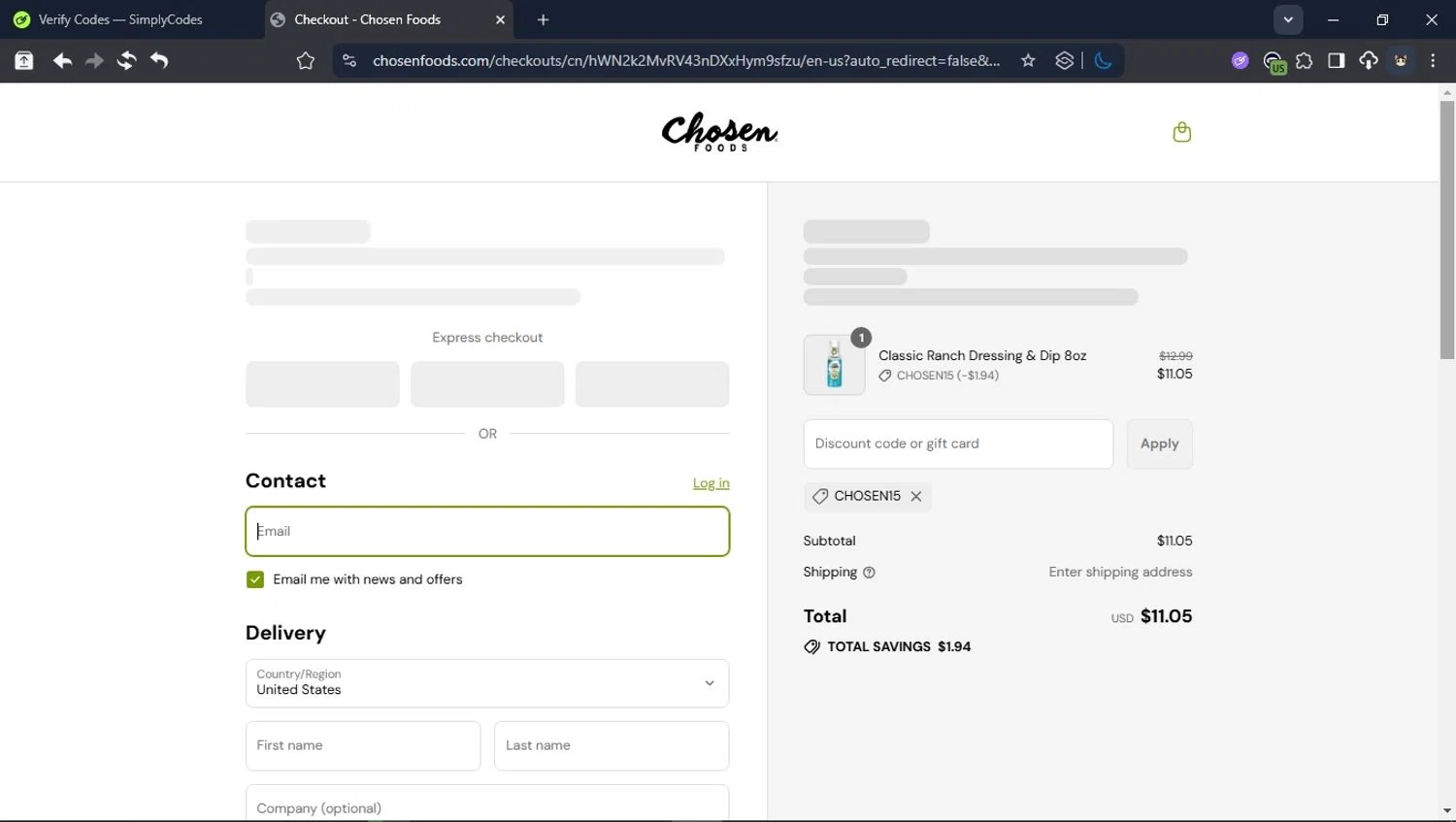 Chosen Foods coupon code screenshot showing code CHOSEN15 applied at Chosen Foods checkout page. Uploaded by SimplyCodes community member LegendaryCollector6259 on Sep 8, 2025
