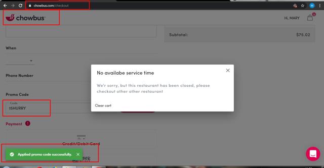 Chowbus checkout page showing Chowbus promo code box | Screenshot taken by SimplyCodes community member on Sep 16, 2020