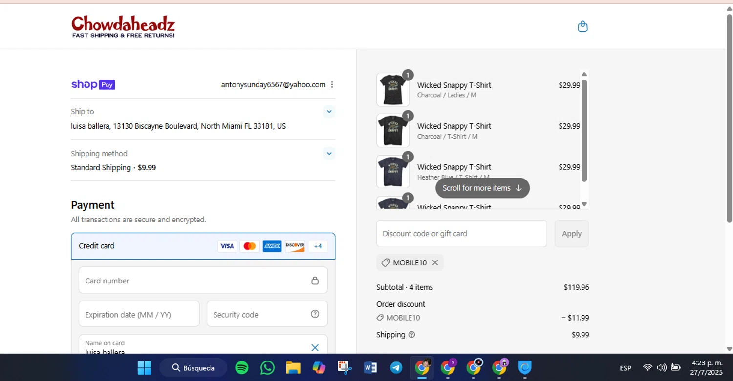 Chowdaheadz discount code screenshot showing code MOBILE10 applied at Chowdaheadz checkout page. Uploaded by SimplyCodes community member luisaballera on Jul 27, 2025