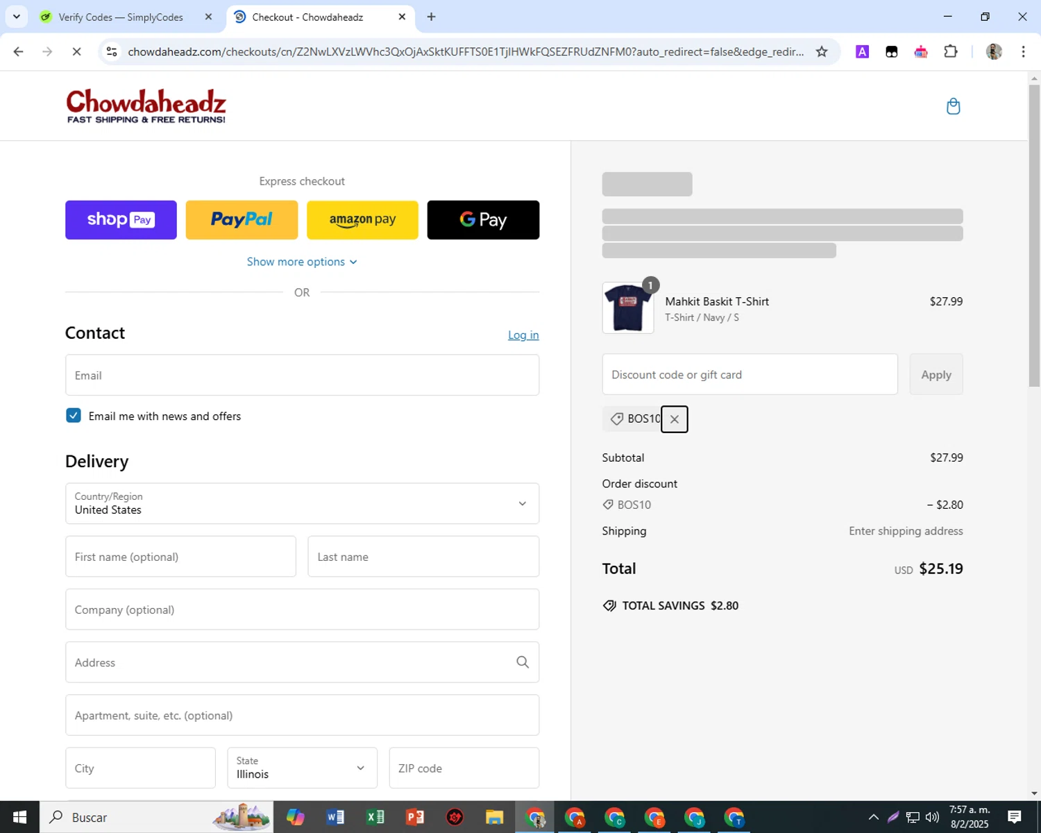 Chowdaheadz discount code screenshot showing code BOS10 applied at Chowdaheadz checkout page. Uploaded by SimplyCodes community member SwiftScout6682 on Feb 8, 2025