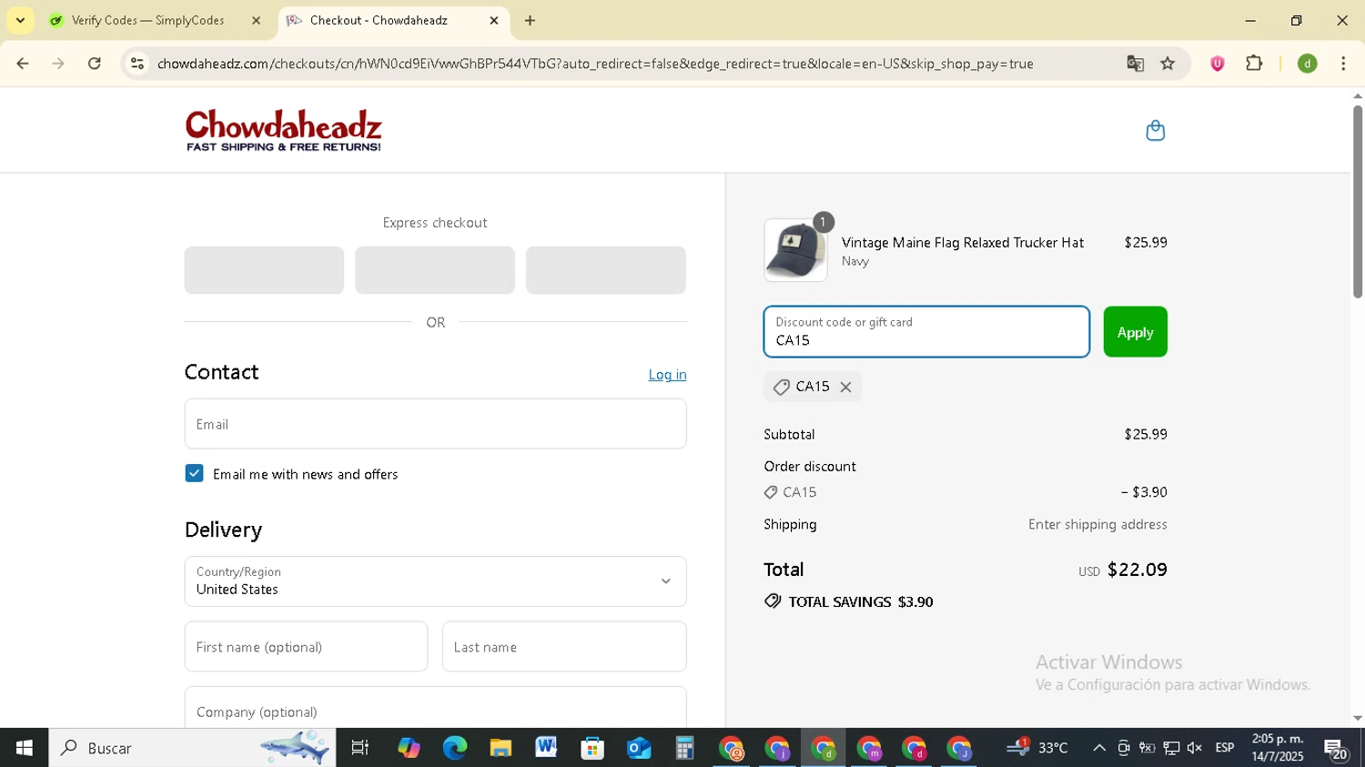 Chowdaheadz discount code screenshot showing code CA15 applied at Chowdaheadz checkout page. Uploaded by SimplyCodes community member SavingsSentinel833 on Jul 14, 2025
