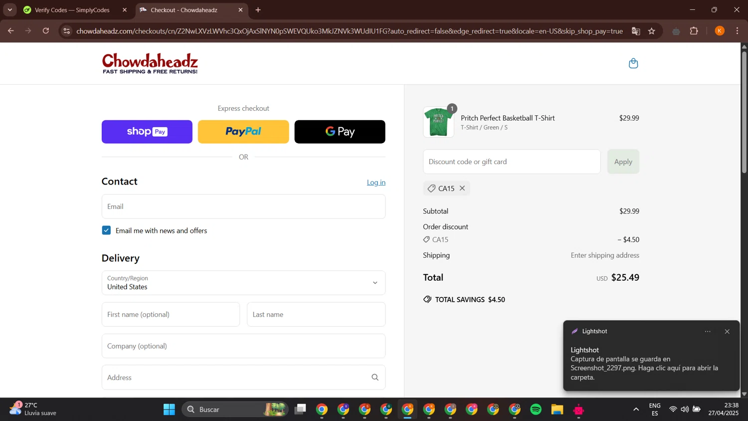 Chowdaheadz discount code screenshot showing code CA15 applied at Chowdaheadz checkout page. Uploaded by SimplyCodes community member BonusCurator3058 on Apr 28, 2025