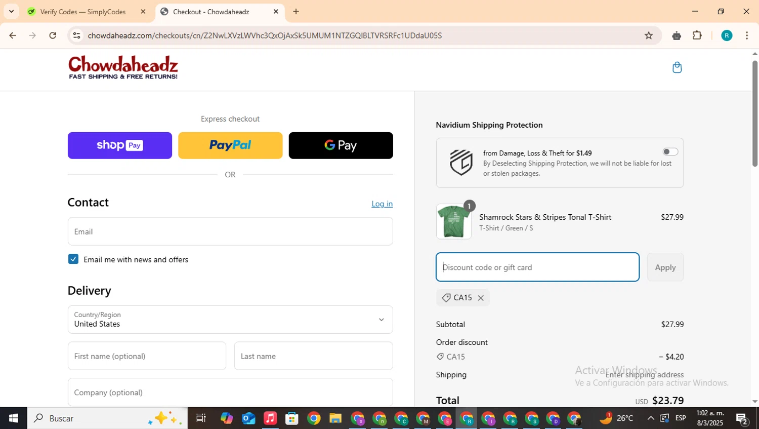Chowdaheadz discount code screenshot showing code CA15 applied at Chowdaheadz checkout page. Uploaded by SimplyCodes community member BudgetHero4407 on Mar 8, 2025