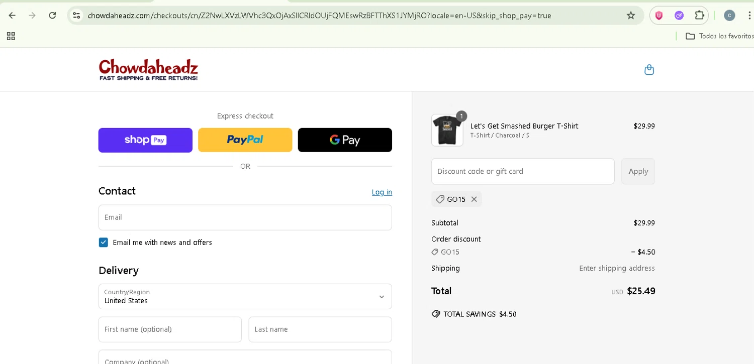 Chowdaheadz discount code screenshot showing code GO15 applied at Chowdaheadz checkout page. Uploaded by SimplyCodes community member NobleSentinel8535 on Jun 22, 2025