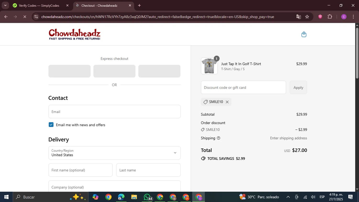 Chowdaheadz discount code screenshot showing code smile10 applied at Chowdaheadz checkout page. Uploaded by SimplyCodes community member FrugalPro5078 on Jul 27, 2025