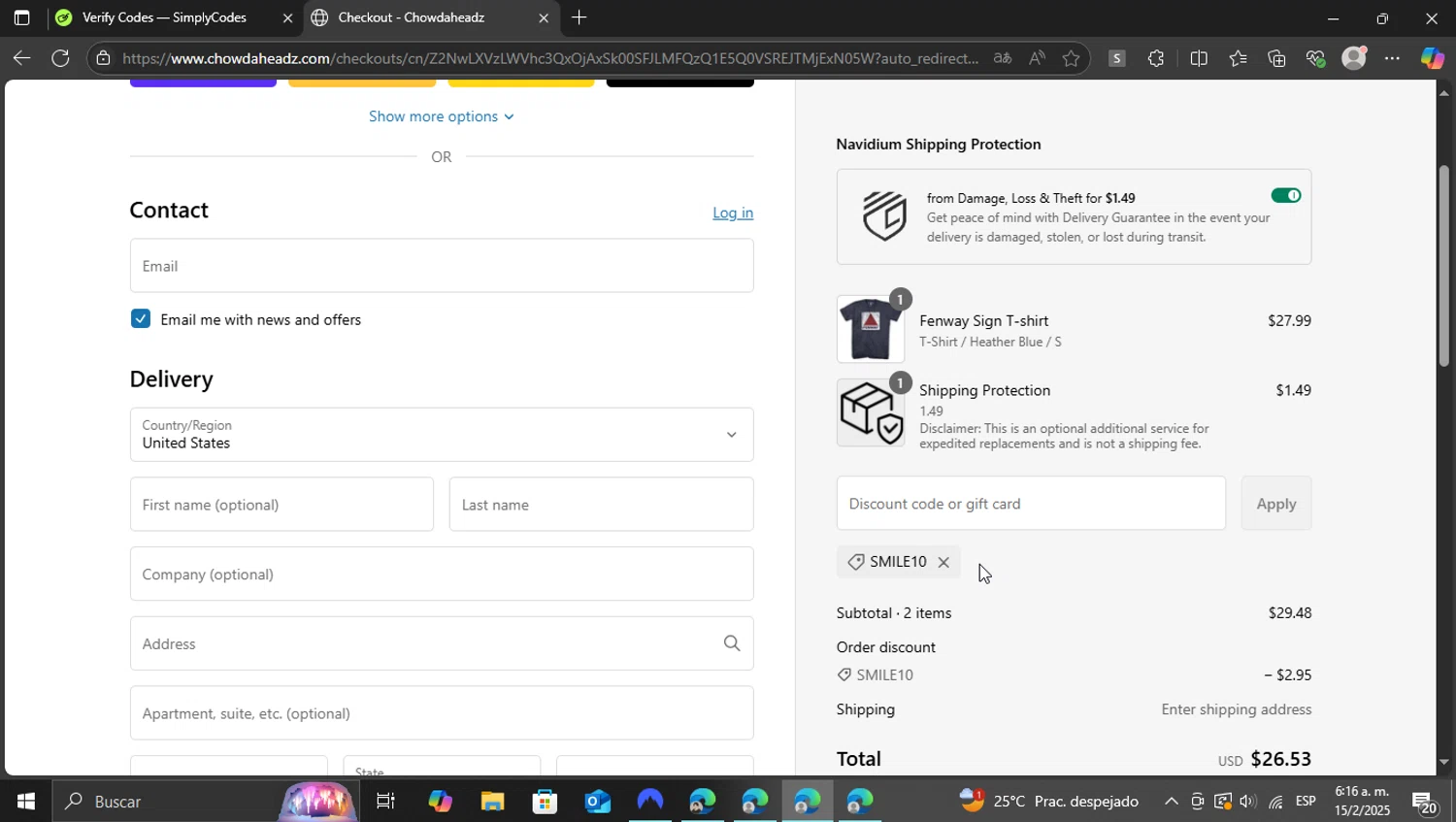 Chowdaheadz discount code screenshot showing code smile10 applied at Chowdaheadz checkout page. Uploaded by SimplyCodes community member vasijadeaceite on Feb 15, 2025