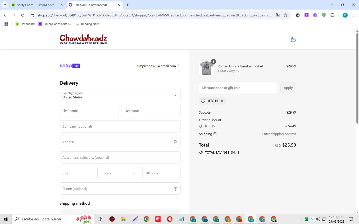 Chowdaheadz discount code screenshot showing code HERE15 applied at Chowdaheadz checkout page. Uploaded by SimplyCodes community member MagnificentCollector5368 on Aug 9, 2025