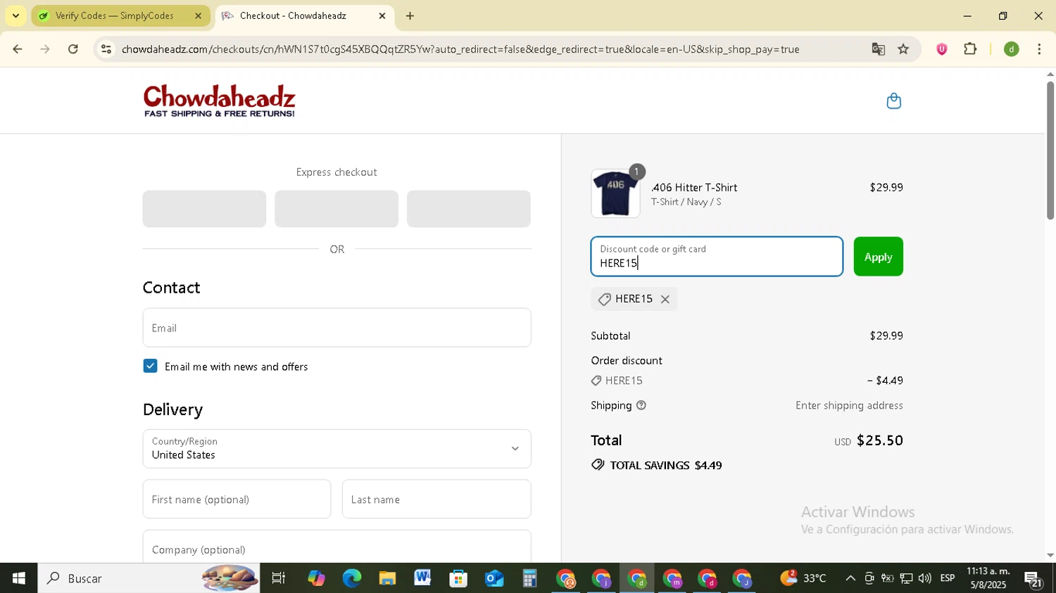 Chowdaheadz discount code screenshot showing code HERE15 applied at Chowdaheadz checkout page. Uploaded by SimplyCodes community member SavingsSentinel833 on Aug 5, 2025