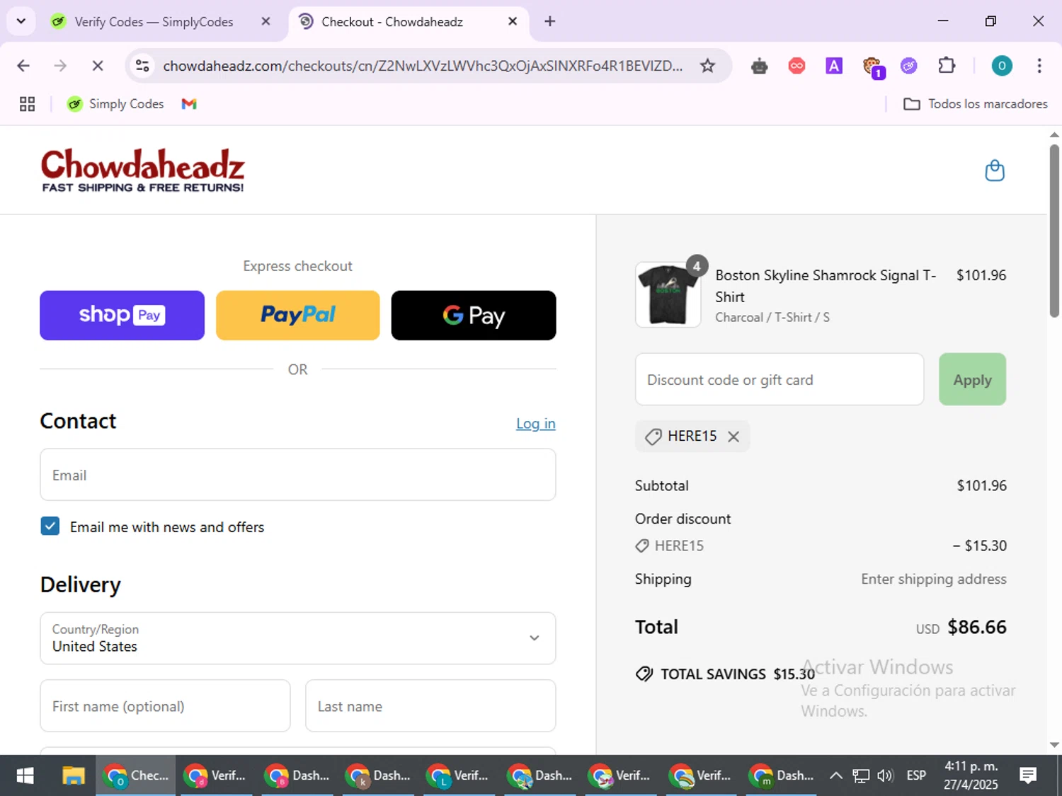 Chowdaheadz discount code screenshot showing code HERE15 applied at Chowdaheadz checkout page. Uploaded by SimplyCodes community member BudgetSeeker9524 on Apr 27, 2025
