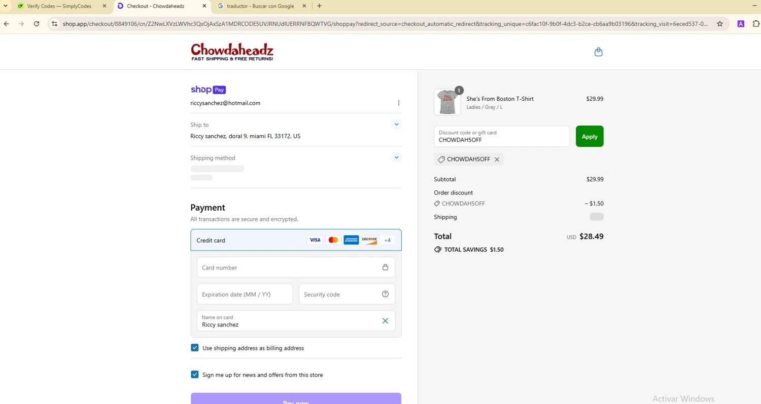 Chowdaheadz discount code screenshot showing code CHOWDAH5OFF applied at Chowdaheadz checkout page. Uploaded by SimplyCodes community member ShieldTitan9442 on Jul 14, 2025