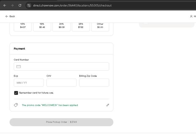 ChowNow checkout page showing ChowNow promo code box | Screenshot taken by SimplyCodes community member on Sep 16, 2025