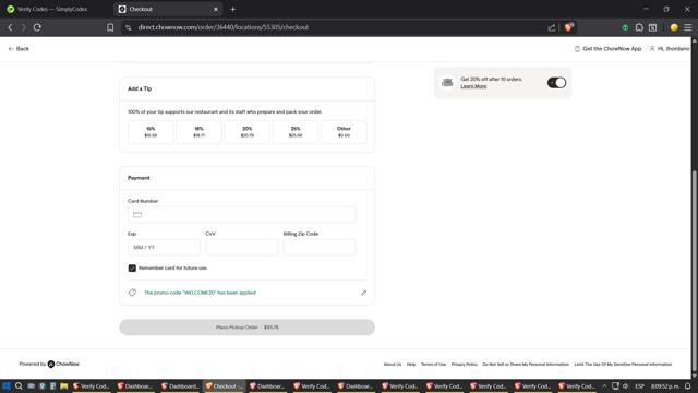 ChowNow checkout page showing ChowNow promo code box | Screenshot taken by SimplyCodes community member on Aug 20, 2025