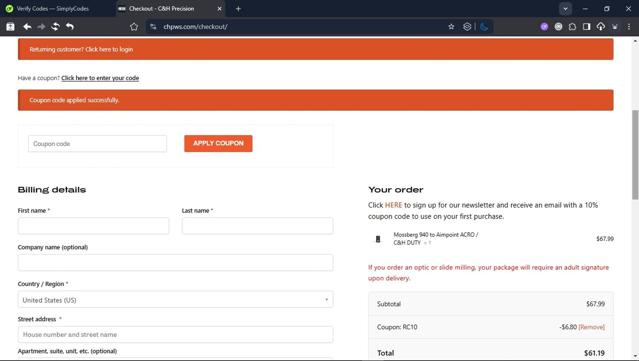 C&H Precision Weapons checkout page showing C&H Precision Weapons promo code box | Screenshot taken by SimplyCodes community member on Aug 18, 2025