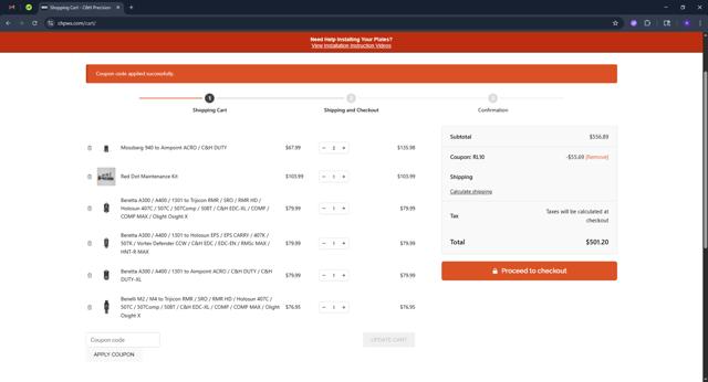 C&H Precision Weapons checkout page showing C&H Precision Weapons promo code box | Screenshot taken by SimplyCodes community member on Jul 20, 2025