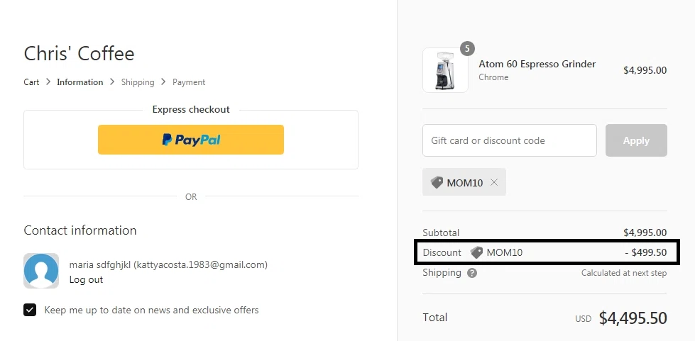 Chris' Coffee checkout page showing Chris' Coffee discount code box | Screenshot taken by SimplyCodes community member on May 11, 2020