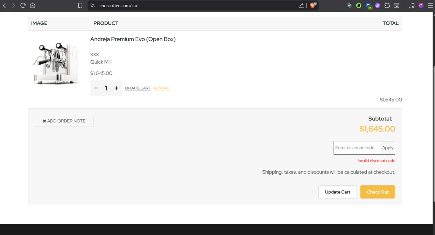 Chris' Coffee discount code screenshot showing code 348W10 applied at Chris' Coffee checkout page. Uploaded by SimplyCodes community member Jmhernand1 on Jul 9, 2025