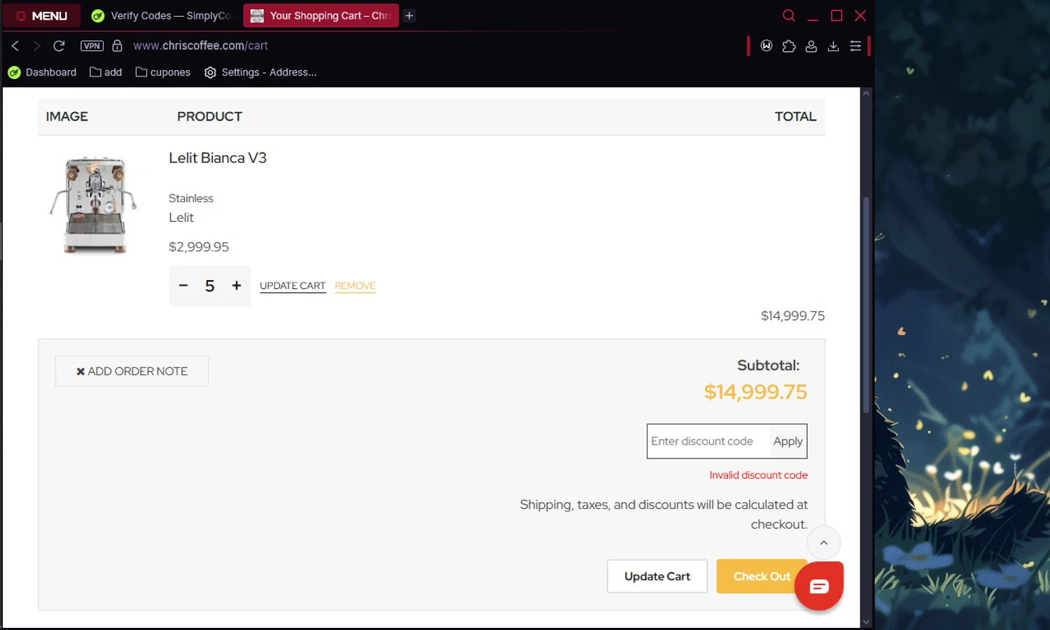 Chris' Coffee discount code screenshot showing code 348W10 applied at Chris' Coffee checkout page. Uploaded by SimplyCodes community member Mortek on Jul 9, 2025