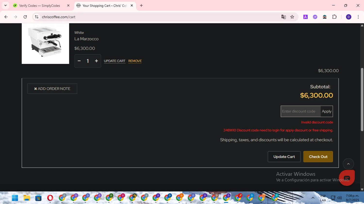 Chris' Coffee discount code screenshot showing code 348W10 applied at Chris' Coffee checkout page. Uploaded by SimplyCodes community member WonderLion2890 on Jul 9, 2025