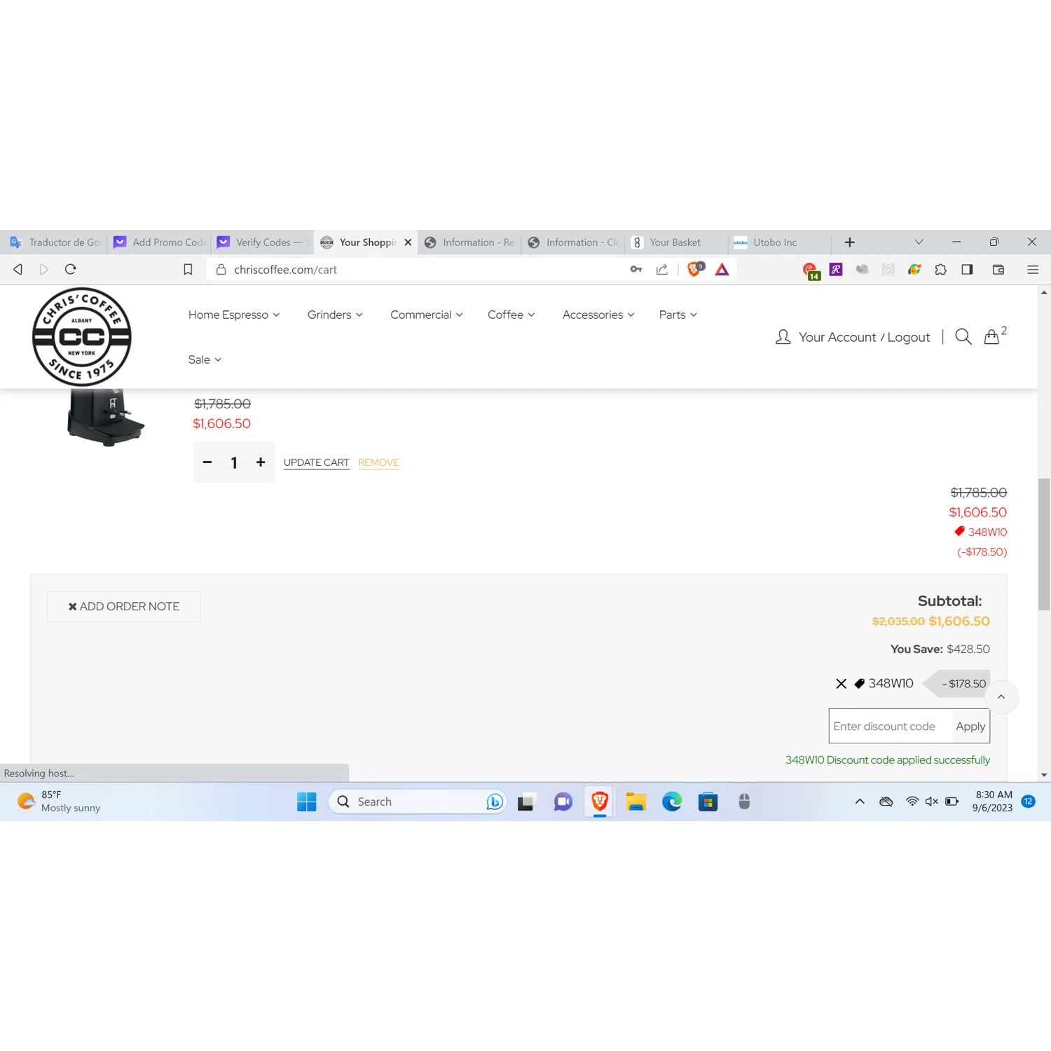 Chris' Coffee checkout page showing Chris' Coffee discount code box | Screenshot taken by SimplyCodes community member on Sep 6, 2023