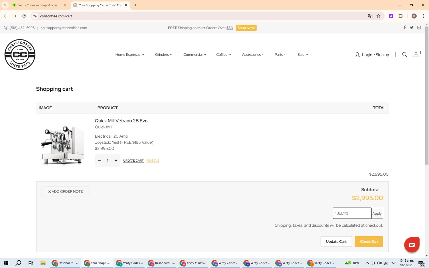 Chris' Coffee discount code screenshot showing code 4JULY15 applied at Chris' Coffee checkout page. Uploaded by SimplyCodes community member BrilliantWizard8884 on Jan 10, 2025