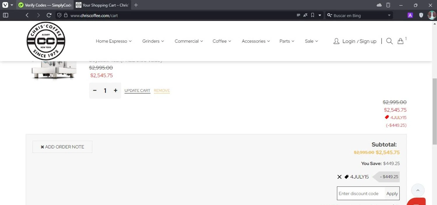 Chris' Coffee checkout page showing Chris' Coffee discount code box | Screenshot taken by SimplyCodes community member on Jul 2, 2024