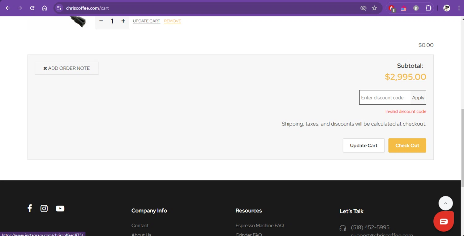 Chris' Coffee discount code screenshot showing code 4JULY15 applied at Chris' Coffee checkout page. Uploaded by SimplyCodes community member BudgetTiger2988 on Jan 27, 2025