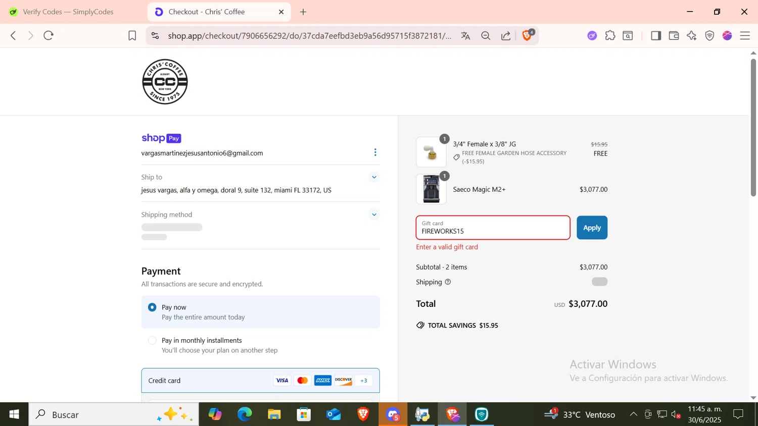 Chris' Coffee discount code screenshot showing code FIREWORKS15 applied at Chris' Coffee checkout page. Uploaded by SimplyCodes community member CODMOBILE1 on Jun 30, 2025