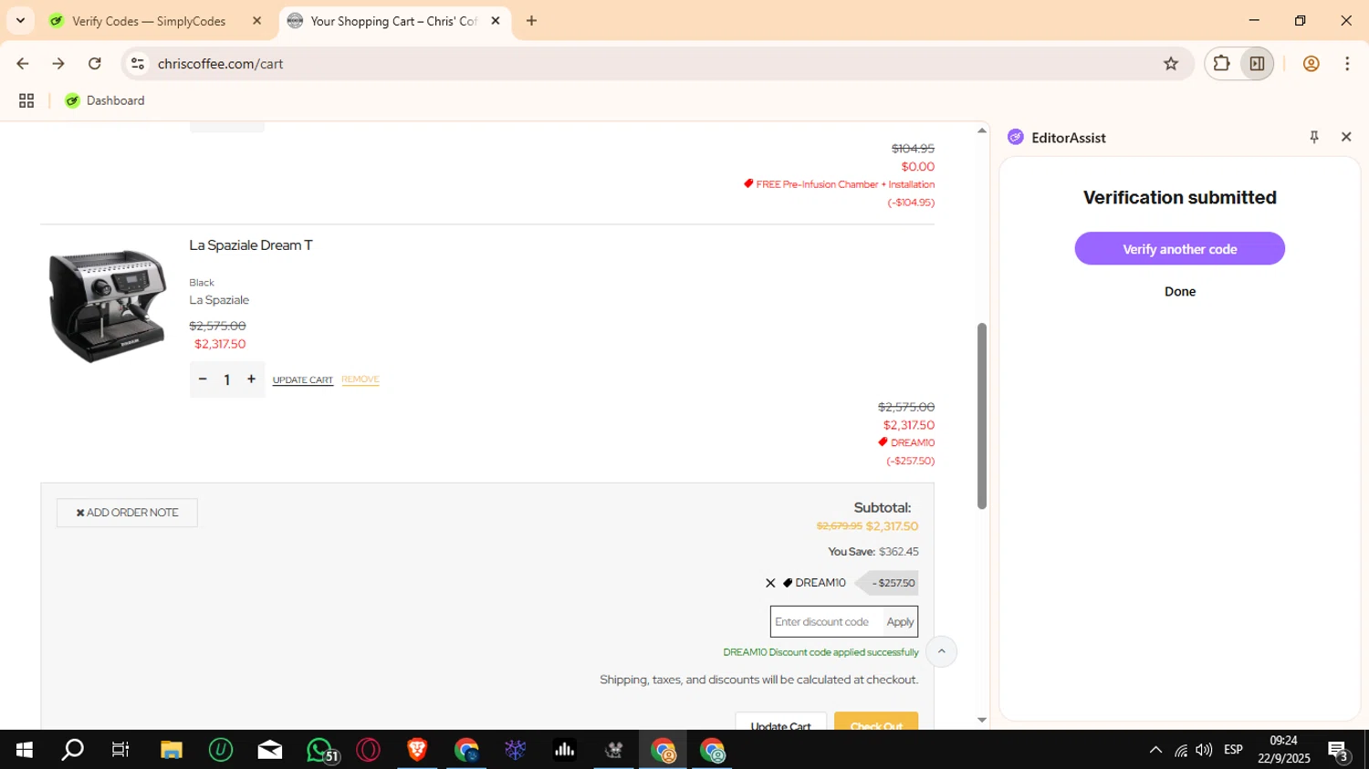 Chris' Coffee discount code screenshot showing code DREAM10 applied at Chris' Coffee checkout page. Uploaded by SimplyCodes community member Crchirino1 on Sep 22, 2025