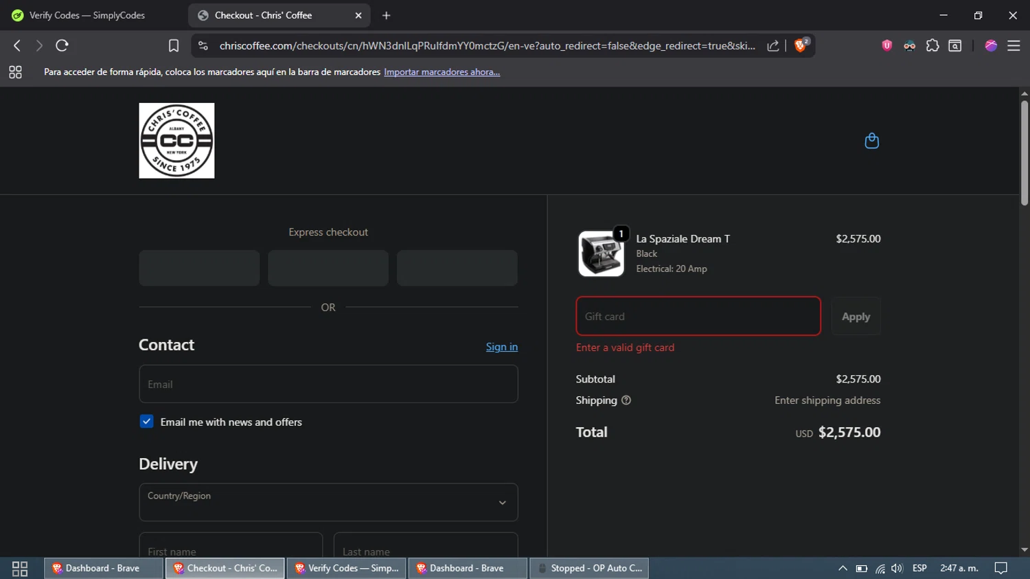 Chris' Coffee discount code screenshot showing code DREAM10 applied at Chris' Coffee checkout page. Uploaded by SimplyCodes community member DazzLL on Oct 2, 2025
