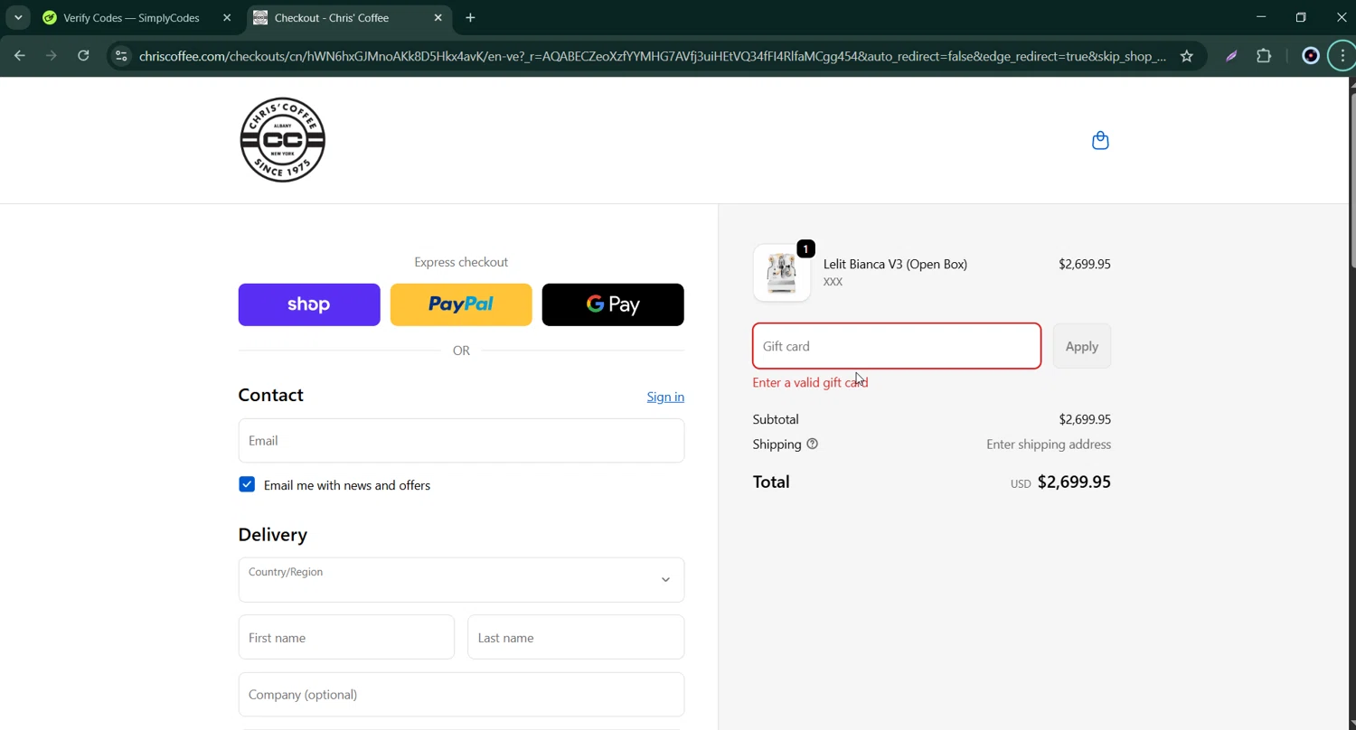 Chris' Coffee discount code screenshot showing code HOLIDAY5 applied at Chris' Coffee checkout page. Uploaded by SimplyCodes community member Bernard_Lowe on Dec 22, 2025