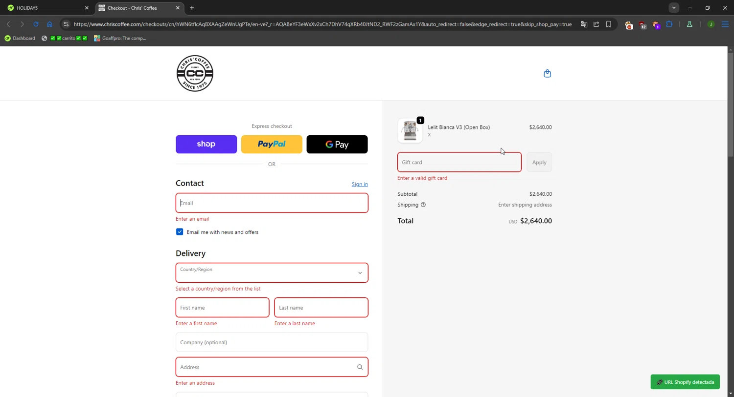 Chris' Coffee discount code screenshot showing code HOLIDAY5 applied at Chris' Coffee checkout page. Uploaded by SimplyCodes community member FortunateWizard717 on Dec 27, 2025