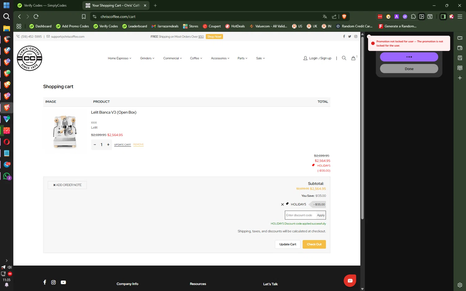 Chris' Coffee discount code screenshot showing code HOLIDAY5 applied at Chris' Coffee checkout page. Uploaded by SimplyCodes community member IronMind4607 on Dec 15, 2025