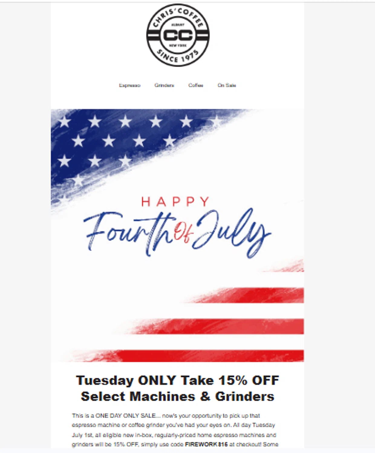 Chris' Coffee discount code screenshot showing code FIREWORKS15 applied at Chris' Coffee checkout page. Uploaded by SimplyCodes community member Jhonny on Jun 30, 2025