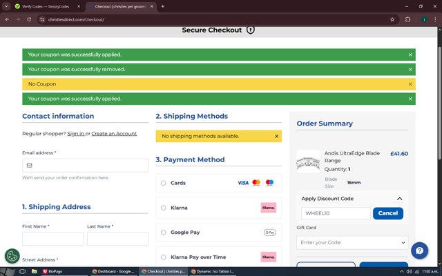 Christies Direct checkout page showing Christies Direct discount code box | Screenshot taken by SimplyCodes community member on Aug 18, 2025
