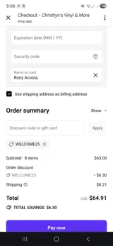 Welcome25 coupon verification screenshot