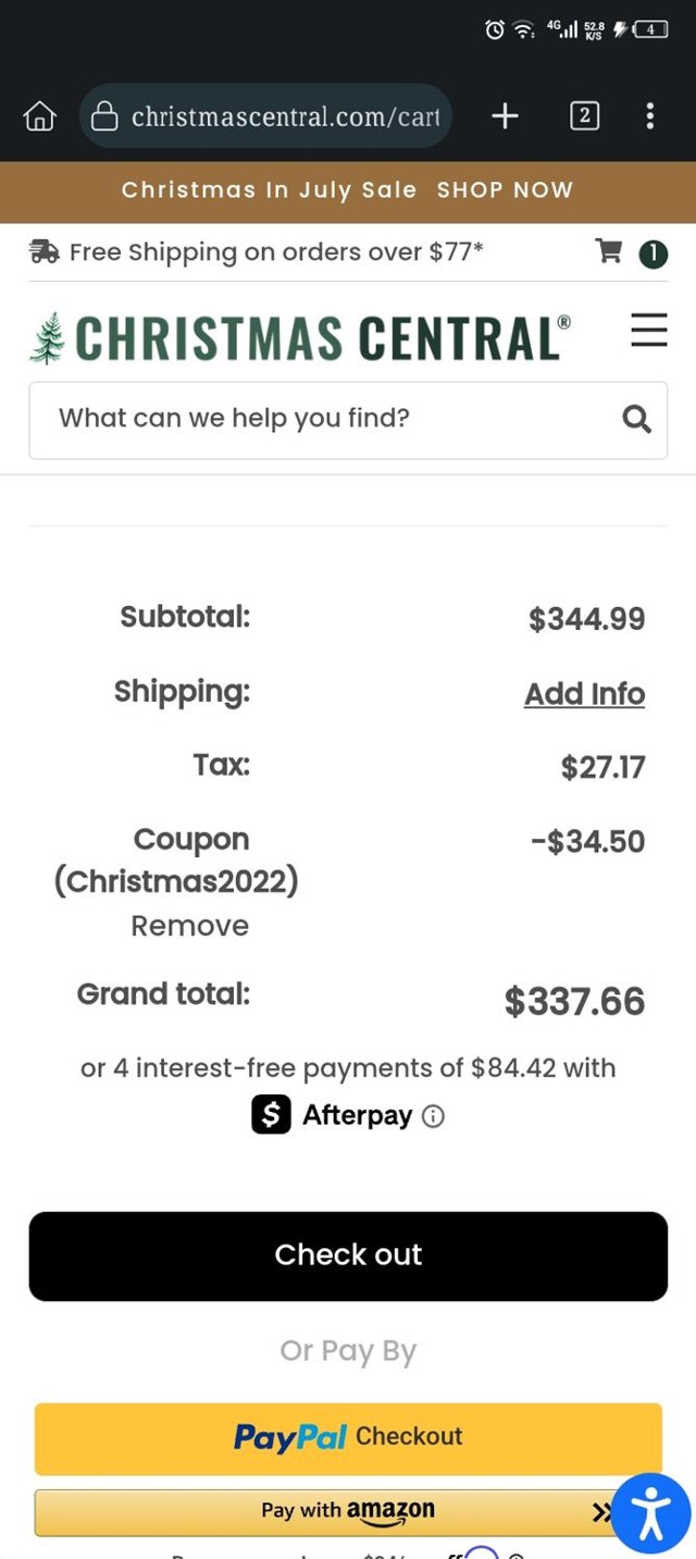 Christmas Central checkout page showing Christmas Central coupon code box | Screenshot taken by SimplyCodes community member on Jul 30, 2025