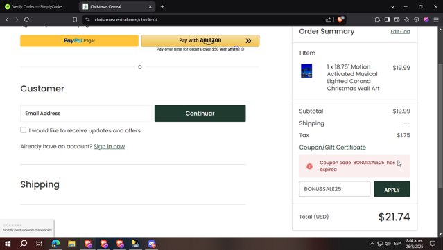 Christmas Central checkout page showing Christmas Central coupon code box | Screenshot taken by SimplyCodes community member on Feb 26, 2025