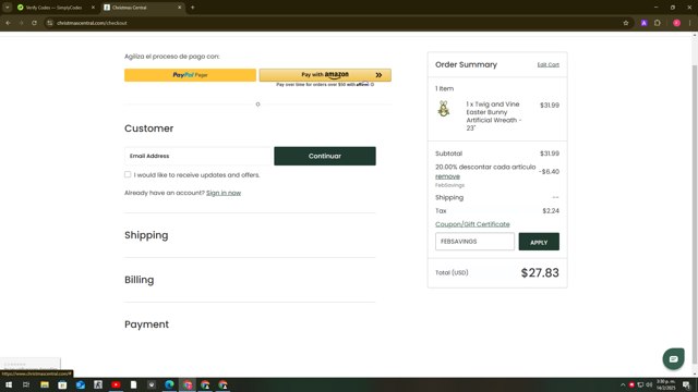 Christmas Central checkout page showing Christmas Central coupon code box | Screenshot taken by SimplyCodes community member on Feb 14, 2025