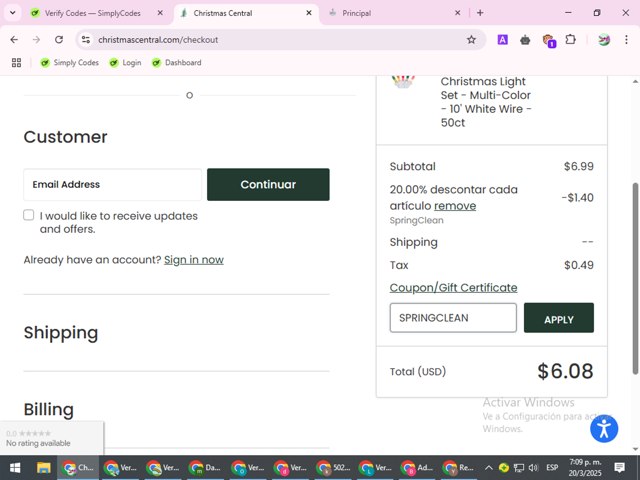Christmas Central checkout page showing Christmas Central coupon code box | Screenshot taken by SimplyCodes community member on Mar 20, 2025