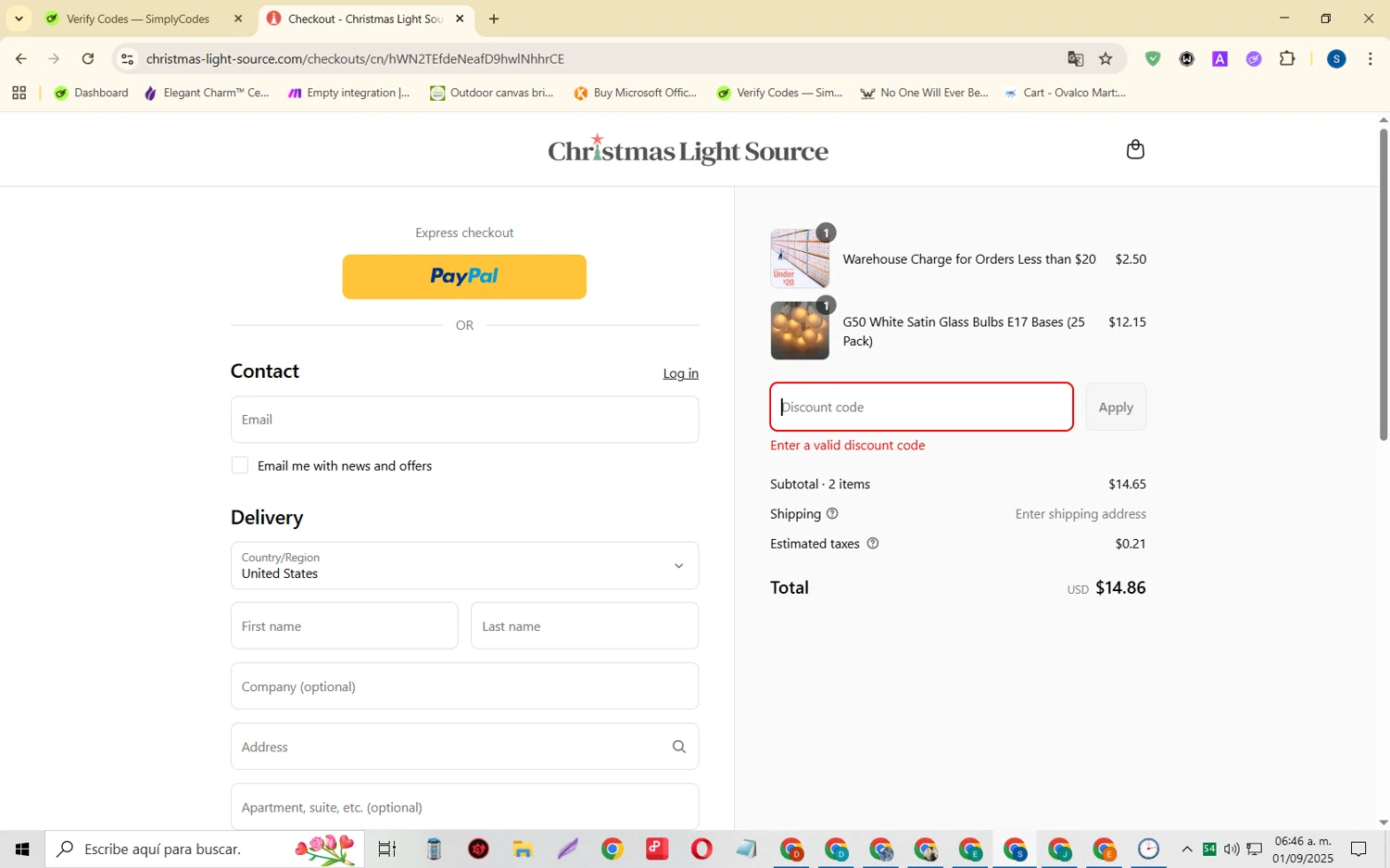 Christmas Light Source promo code screenshot showing code SHIPITFREEUSA applied at Christmas Light Source checkout page. Uploaded by SimplyCodes community member CleverOwl2485 on Sep 1, 2025