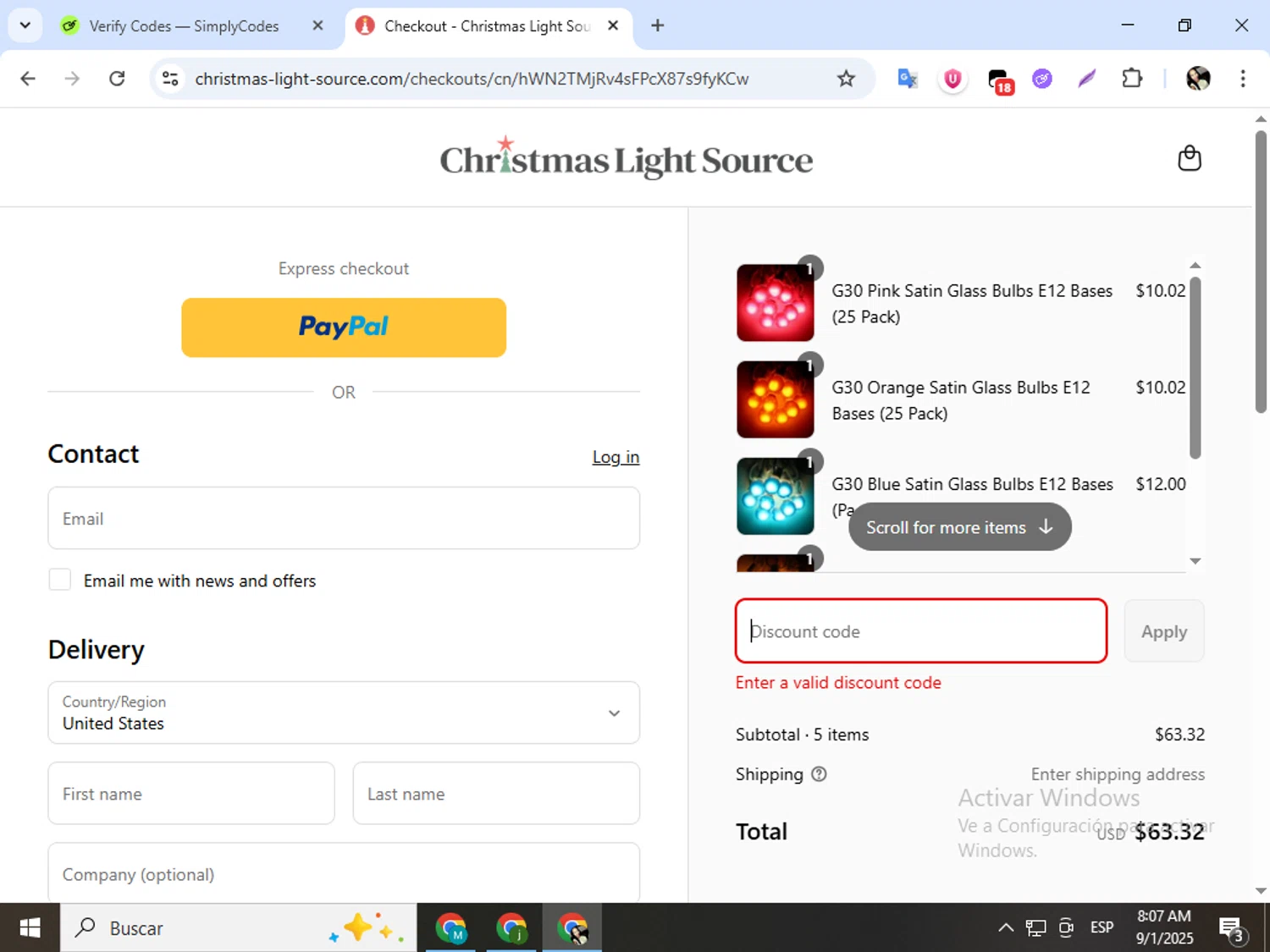 Christmas Light Source promo code screenshot showing code SHIPITFREEUSA applied at Christmas Light Source checkout page. Uploaded by SimplyCodes community member mariapolancog on Sep 1, 2025